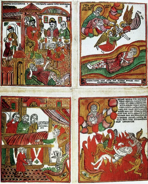 Parables, including the Raising of Lazarus. 19th century (Russian popular coloured woodcut)