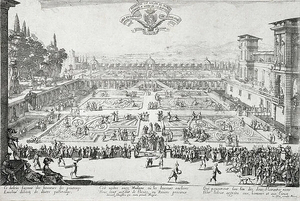 Parterre du Chateau de Nancy dedicated to the Duchess of Lorraine. Etching on paper by Jacques Callot (1592-1635), 1625. Dim: 25x38cm. Private Collection