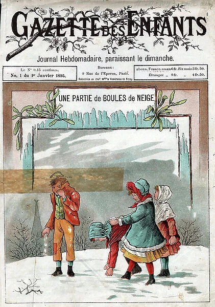 Partie (Bataille) de boule de neige. Gravure du journal 'Gazette des Enfants', 1895. Collection privee Jean-Paul Paireault