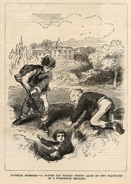 A pauper lad nearly buried alive by two playmates in a workhouse orchard (engraving)