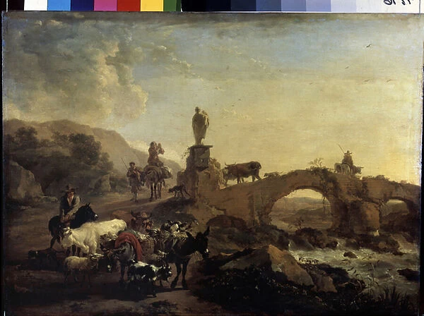 'Paysage italien au petit pont'(Italian landscape with a Small Bridge) Peinture de Nicolaes (Claes) Pietersz Berchem l ancien (1620-1683) 1656 Dim. 44. 5x61 cm Musee de l ermitage, saint Petersbourg