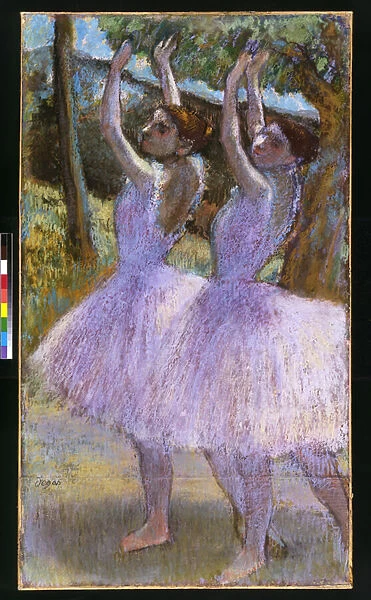 PD. 2-1979 Dancers in violet dresses, arms raised, c. 1900 (pastel and black chalk on paper