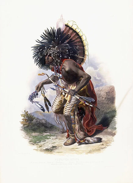 Pehriska-Ruhpa, Moennitarri Warrior in the Costume of the Dog Danse, 1840 (etching