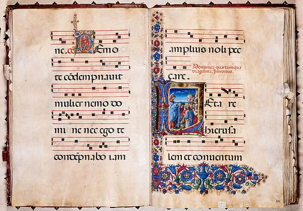 Piccolomini Library: choir book, cod. 21. 1, ff. 38v-39r with 'Multiplication of the loaves and fishes', by Liberale da Verona (about 1445 - 1527  /  9)