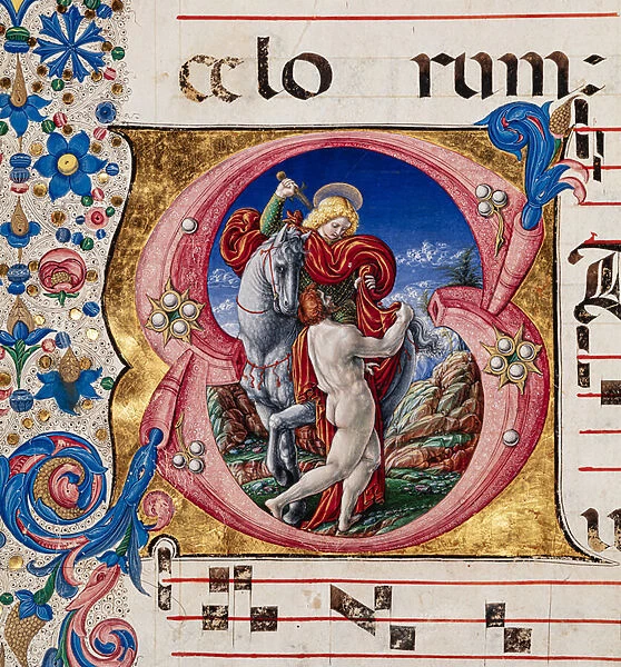 Piccolomini Library: choir book, cod. 28. 12, ff. 101r with 'St. Martin dividing his cloak with the beggar', by Liberale da Verona (about 1445 - 1527  /  9). Detail