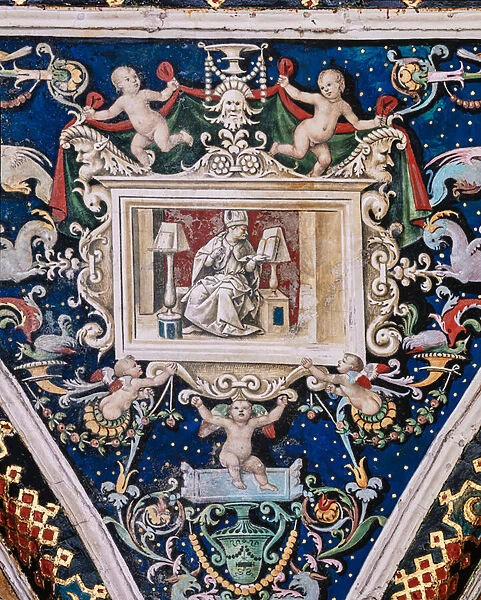 The Piccolomini Library, the vault: spandrel above the north-east wall between the second and the third story, frescoes attributed to Girolamo del Pacchia, Giacomo Pacchiarotto and Littifredi Corbizi
