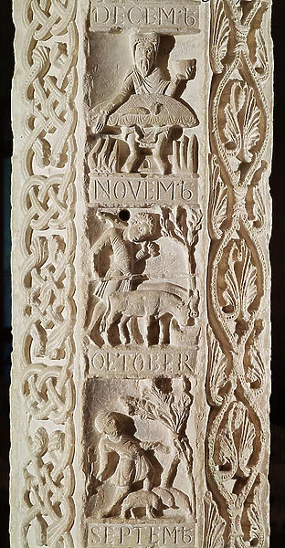 Detail of a pillar showing the months October to December, calendar of the season, 12th century (stone) (detail of 86211)