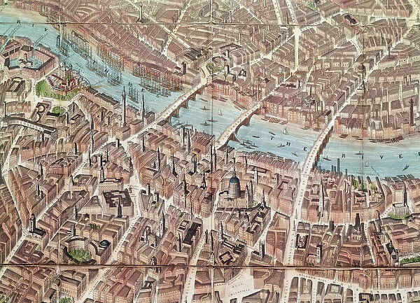 Plan of London looking towards Southwark (hand-coloured engraving)