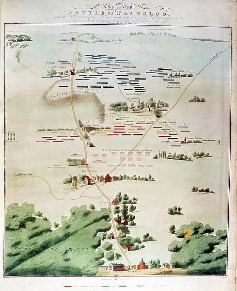 Plan and view of the Battle of Waterloo with the position of the English in red