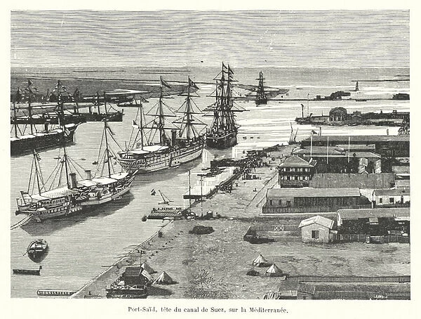 Port Said, Egypt, entrance to the Suez Canal from the Mediterranean (engraving)