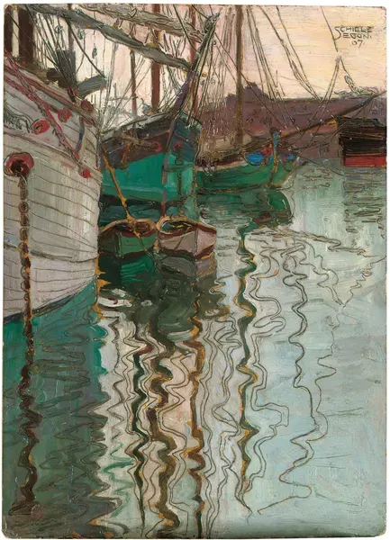 Tableau Egon Schiele - Voiliers Dans Les Vagues (Trieste) - Toile Sur Châssis Bois