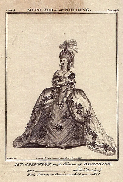 Portrait of actress Frances Abington in the role of Beatrice in William Shakespeare's play Many Noise for Nothing (1564-1616). Drawing by James Roberts, engraving published in ' Bell's Shakespeare', John Bell, 1775, London, England