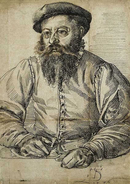 Portrait of a Bearded Man, Half Length, Seated at a Table, (pen and black and brown ink)