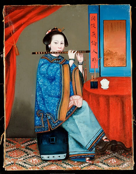 Portrait of a Court Lady Seated, in a Blue Robe, Playing the Flute