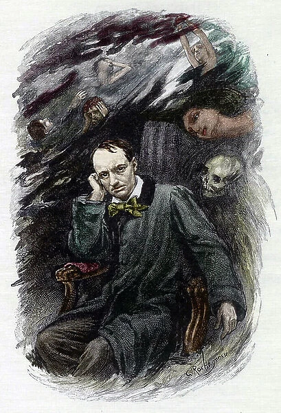 Portrait of the French poet Charles Baudelaire (1827-1861) surrounds his ghosts (Representation of french romantic poet Charles Baudelaire surrounded by ghosts)