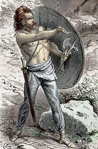 Portrait of a Gallic warrior with ax, sword and shield Engraving from 'History-Populaire-de-France' by Lahure, 1866 Collection privee