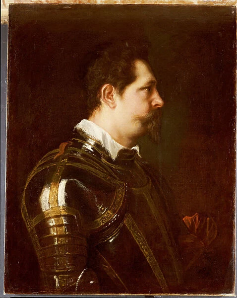 Portrait of a general, bust length, in damascened armour with white collar and red sash