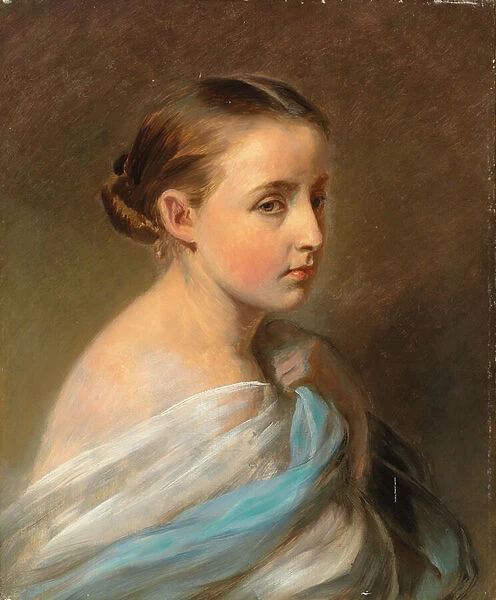 Portrait of a Girl, Head and Shoulders, Draped in a Blue and White Wrap, c