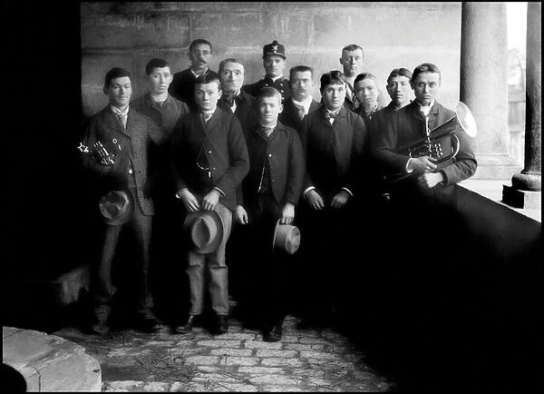 Portrait of a group of young people certain with band instruments. in the Abbey of Septfontaines (Haute Marne). Photograph, circa 1870-1886, by Paul Emile Theodore Ducos (1849-1913)