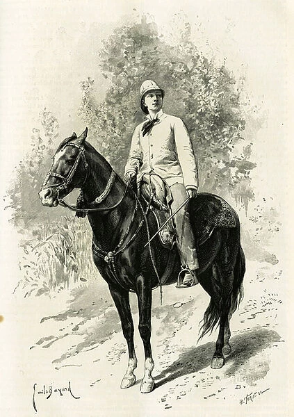 Portrait of Jane Dieulafoy (nee Magre, 1851-1916), archeologist and writer, on her horse