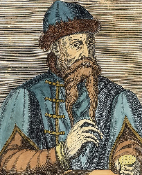 Portrait of Johannes Gutenberg (c. 1400-68) (engraving) (later colouration)