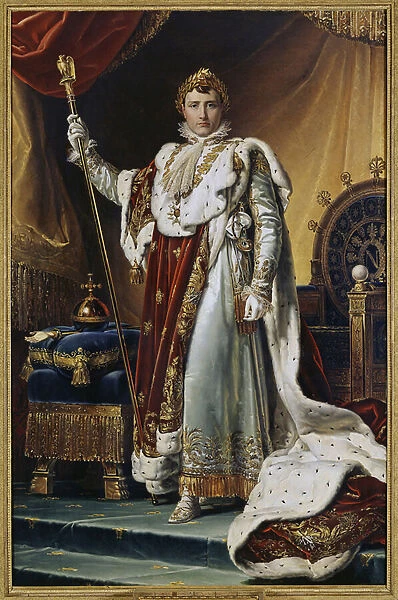 Portrait de l empereur Napoleon I Bonaparte (1769-1821) en costume de sacre. (Portrait of Emperor Napoleon I Bonaparte In His Coronation robes). Peinture de Francois Pascal Simon, baron Gerard (1770-1837), huile sur toile, vers 1804