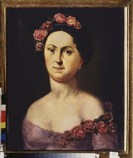 Portrait de la ballerine Avdotia Istomina (1799-1848), en Flora. Peinture anonyme, huile sur toile, vers 1830. Art russe, 19e siecle. State Central A. Bakhrushin Theatre Museum, Moscou