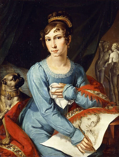 Portrait of a Lady with her Pug Dog, (oil on canvas)