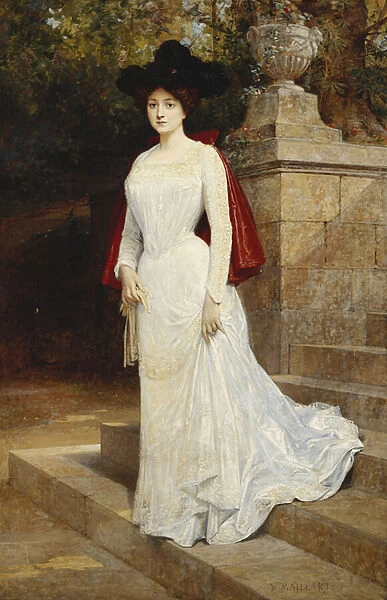 Portrait of a Lady, Standing Full Length, Wearing a Cream Dress and a Red Cloak