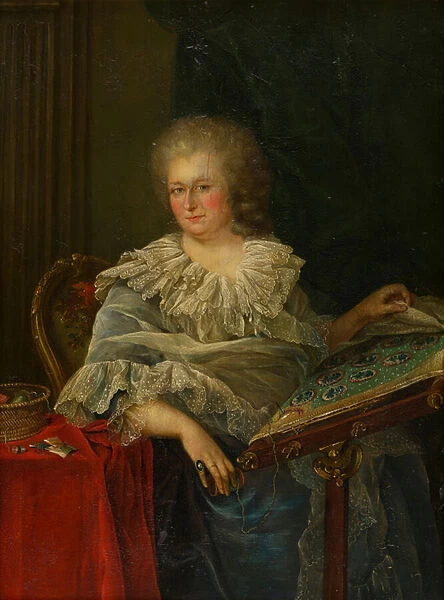 Portrait of Viscountess Torrington seated at her embroidery, c. 1747-75 (oil on panel)