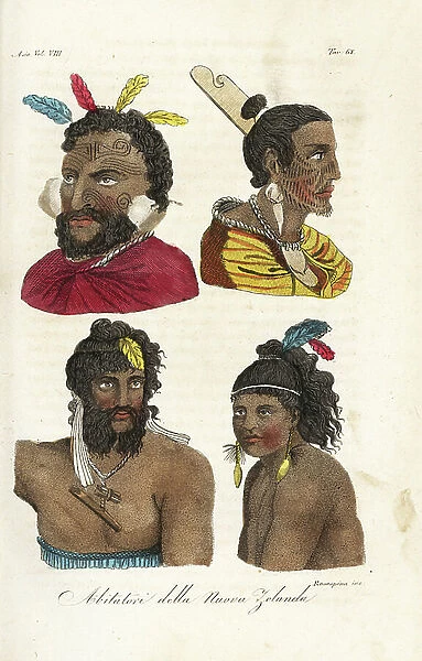 Portraits of Maori Warriors, New Zealand Men and boys with facial tattoos and feathers in their hair. Handcoloured copperplate engraved by Francesco Rosaspina after William Hodges and Piron from Giulio Ferrario's Ancient