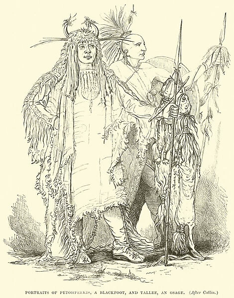 Portraits of Petohpeekis, a Blackfoot, and Tallee, an Osage (engraving)