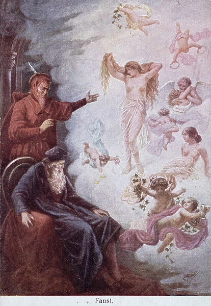 Postcard depicting the temptation of Faust by Mephistopheles, c.1905 (colour litho)