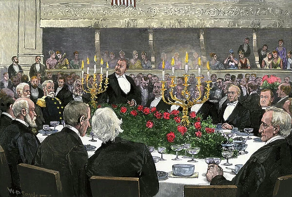 Former President Stephen Grover Cleveland (1837-1908) during a speech at a banquet in 1889. Colour engraving of the 19th century
