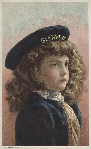 Pretty girl with curly brown hair and a cap bearing the name Glenwood (chromolitho)