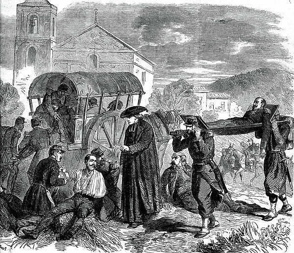 The priest Laine, military chaplain, at the Solferino battle. 1865 (engraving)