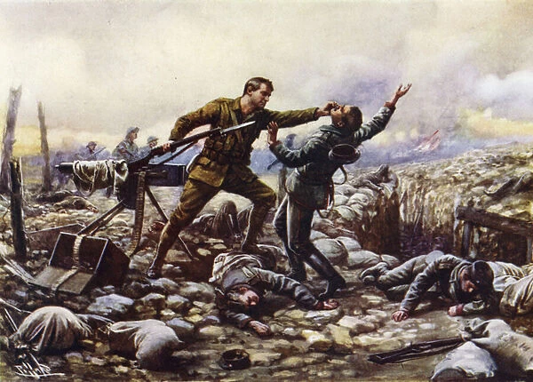 Private J Boyd, of the Irish Guards, capturing a German machine-gun single-handed, World War I (colour litho)