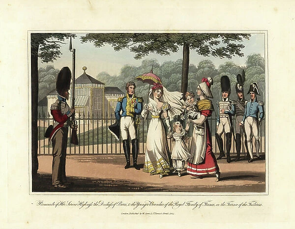 Promenade de la duchesse de Berry with her children, their nurse and the officers of the royal house, on the terrace of the chateau des Tuileries - Eau forte after an illustration by Victor Auver, extracted from Un tour a travers Paris