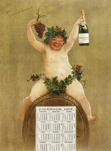 Promotional Calendar for Pfungst Freres Champagne, illustrating Bacchus seated on a