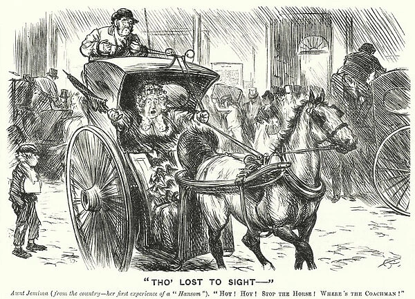 Punch cartoon: A woman from the countryside having her first experience of a ride in a Hansom Cab in London (engraving)