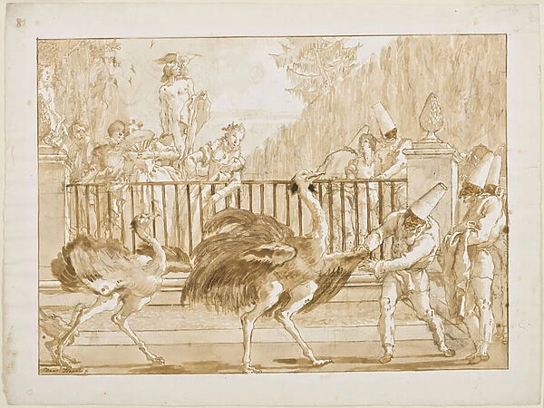Punchinello with the Ostriches, c. 1800 (pen & light brown ink (probably bistre