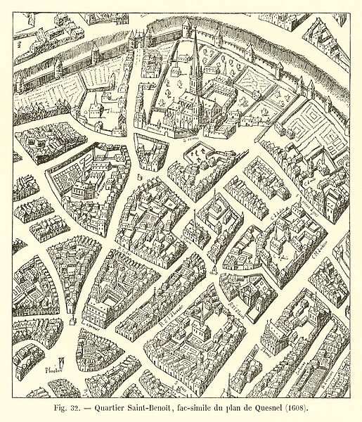 Quartier Saint-Benoit, fac-simile du plan de Quesnel, 1608 (engraving)