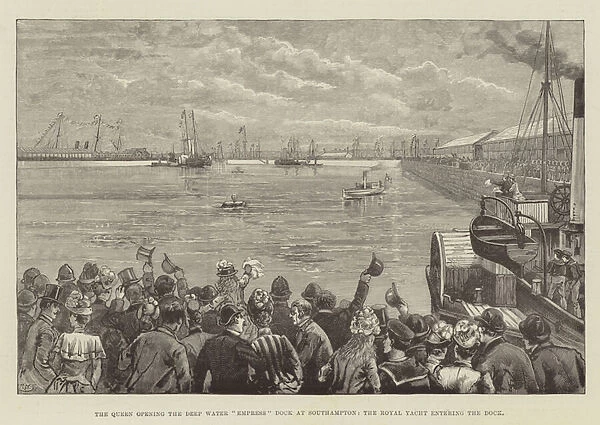 The Queen opening the Deep Water 'Empress'Dock at Southampton, the Royal Yacht entering the Dock (engraving)