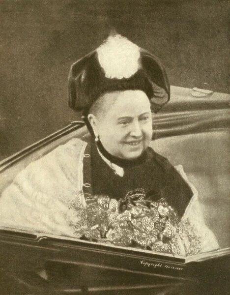 Queen Victoria smiling, having just accepted a bouquet of flowers, Isle of Wight, c. 1887 (b  /  w photo)