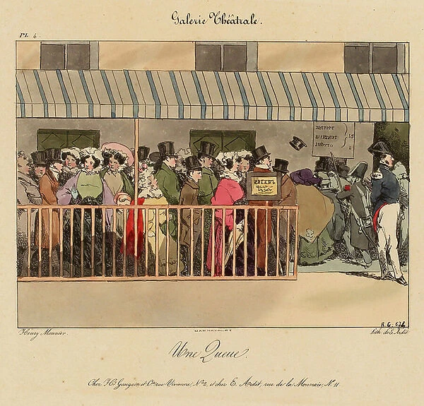 A queue at the theater gallery, c.1828 (litho)