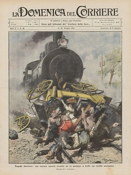 Railway tragedies, a stately carriage invested in a level crossing with terrible consequences (colour litho)