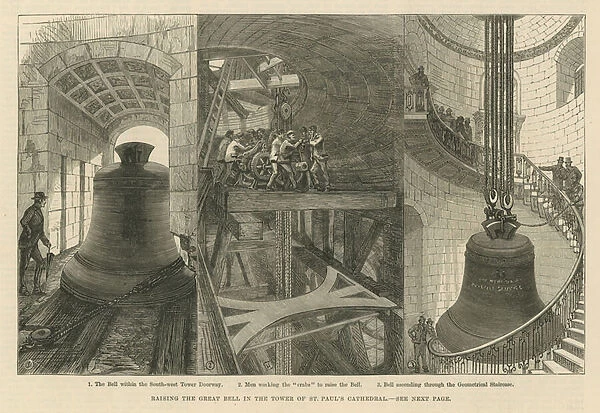 Raising the great bell in the tower of St Pauls Cathedral (engraving)