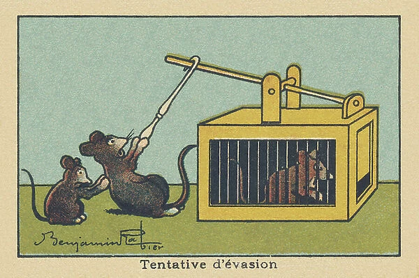 A rat tries to lift the trap door to save a prisoner. ' Escape attempt', 1936 (illustration)