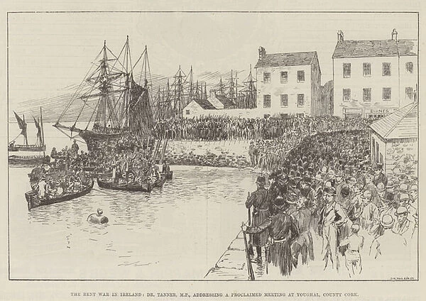 The Rent War in Ireland, Dr Tanner, MP, addressing a Proclaimed Meeting at Youghal, County Cork (engraving)