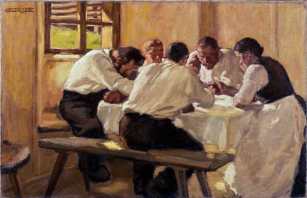 Repas, la soupe (version 2) (Lunch (The Soup, Version II) Peinture de Albin Egger Lienz (1868-1926), huile sur toile, 1910 (91x141 cm) - Leopold Museum, Vienna (Autriche)